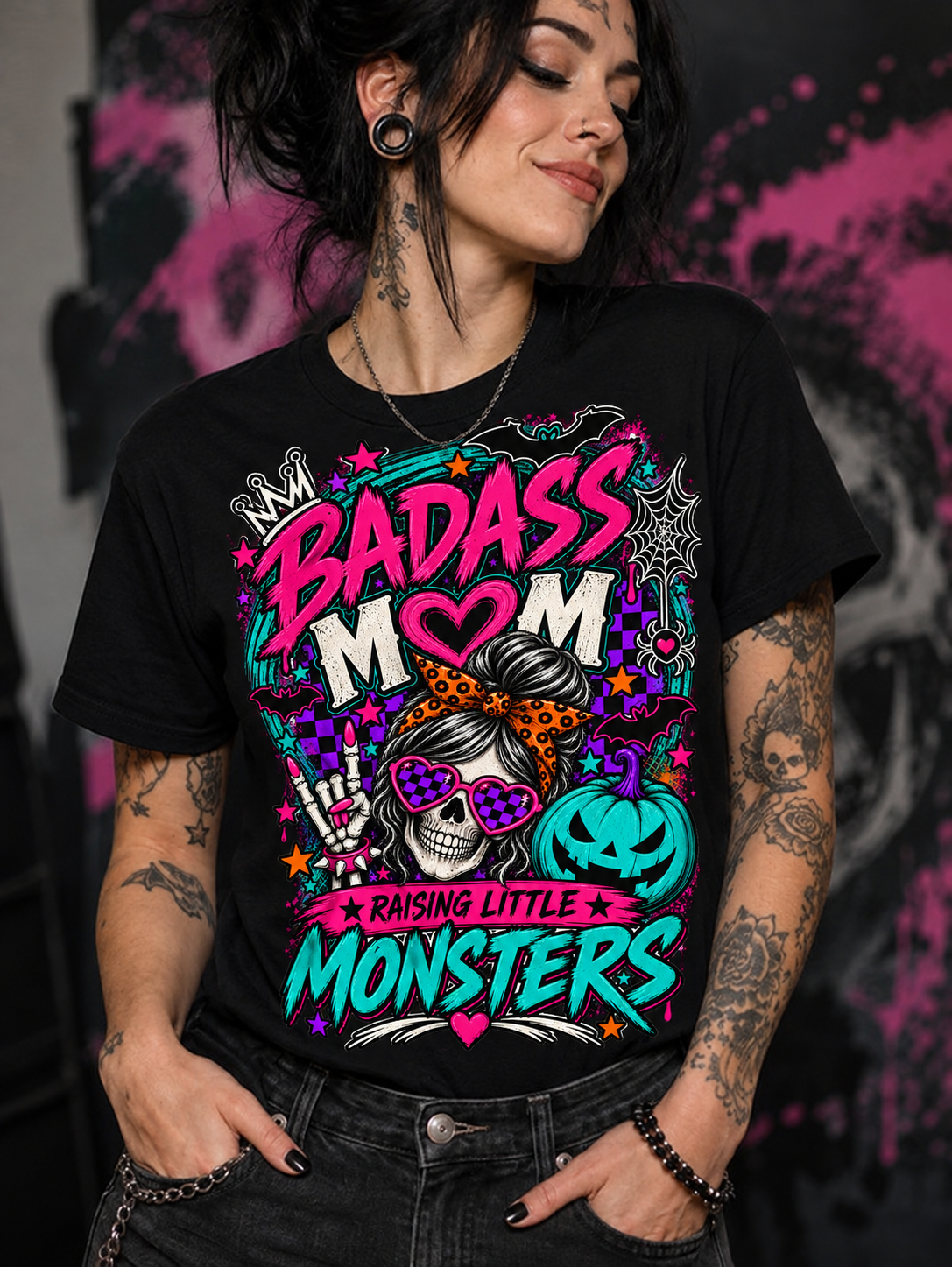 Badass Mom Raising Little Monsters Halloween Graphic Tee (Unisex)